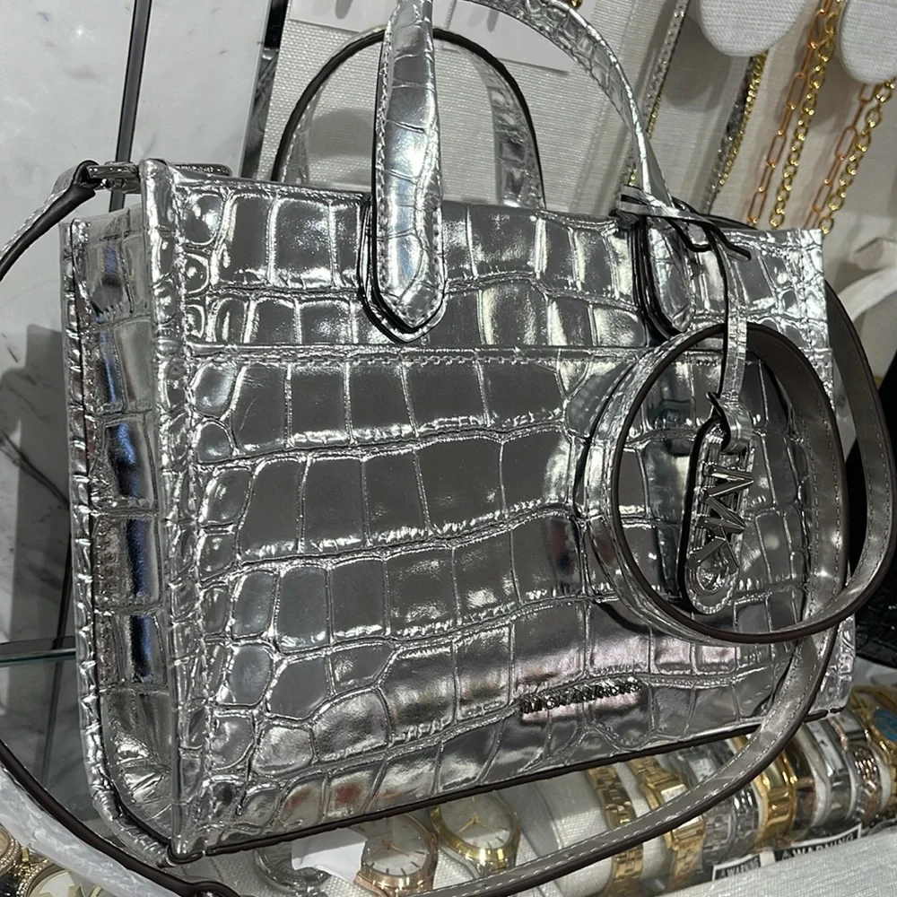 Michael Kors Gigi Small Metallic Crocodile Embossed Leather Messenger Bag Silver